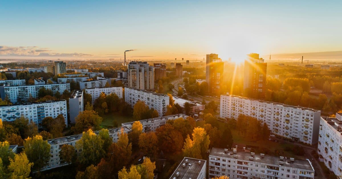 Eastern European apartment complex buildings at sunrise