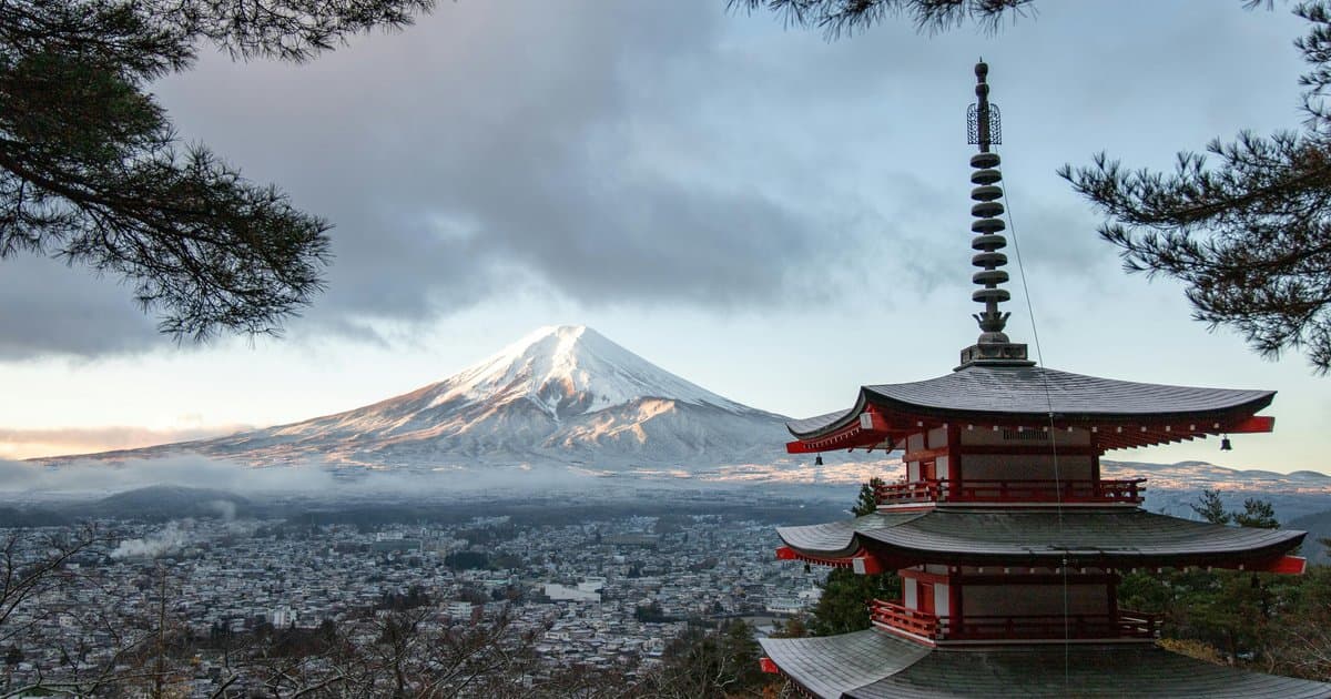 Mount Fuji with traditional Japanese pagoda temple