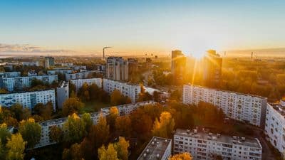 Eastern European apartment complex buildings at sunrise