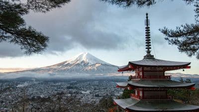 Mount Fuji with traditional Japanese pagoda temple