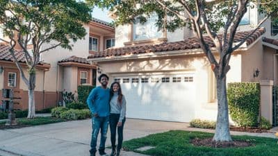 Young couple standing proudly in front of their new home